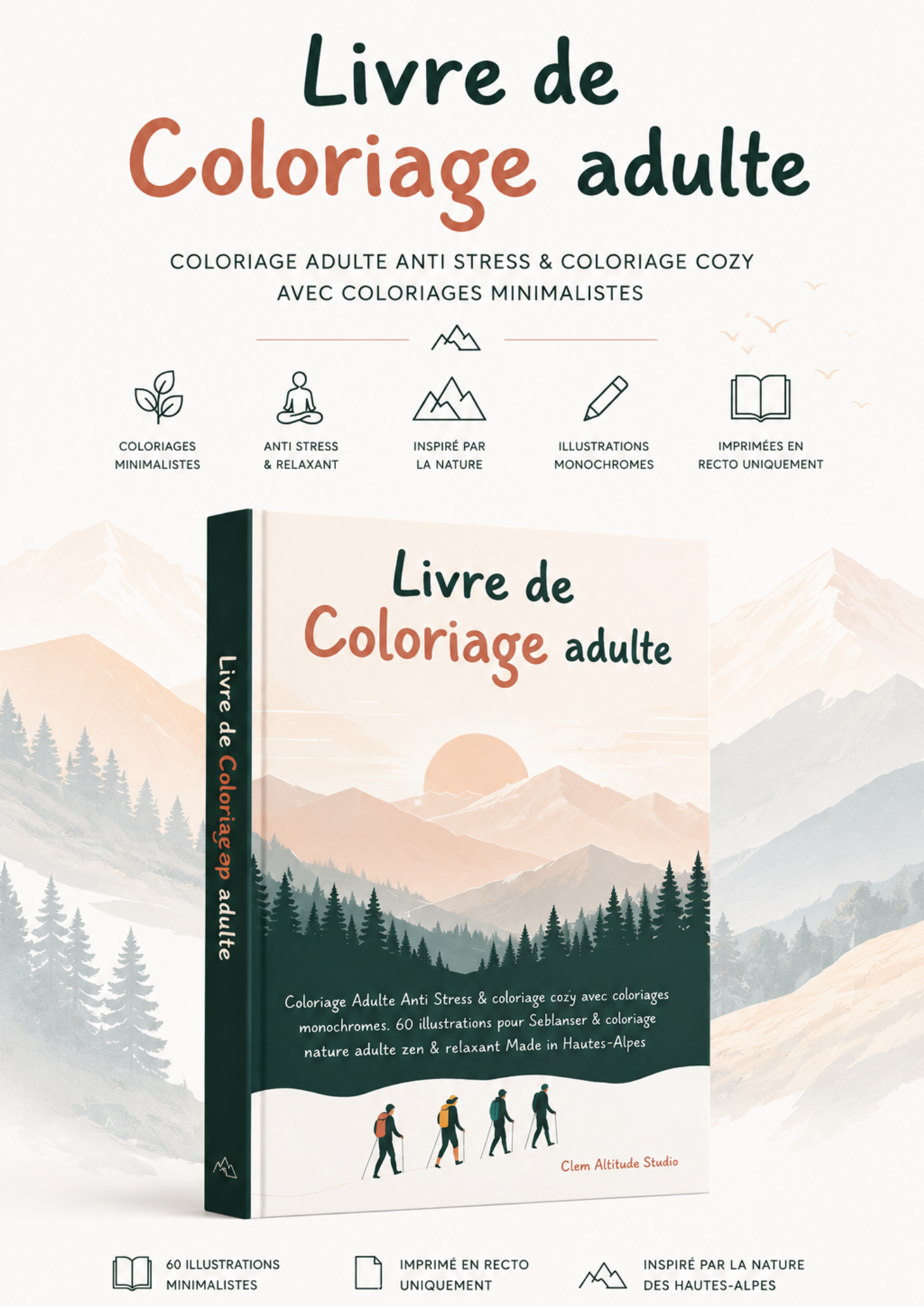 Livre de Coloriage Adulte — livre alpin illustré par Clem Altitude Studio
