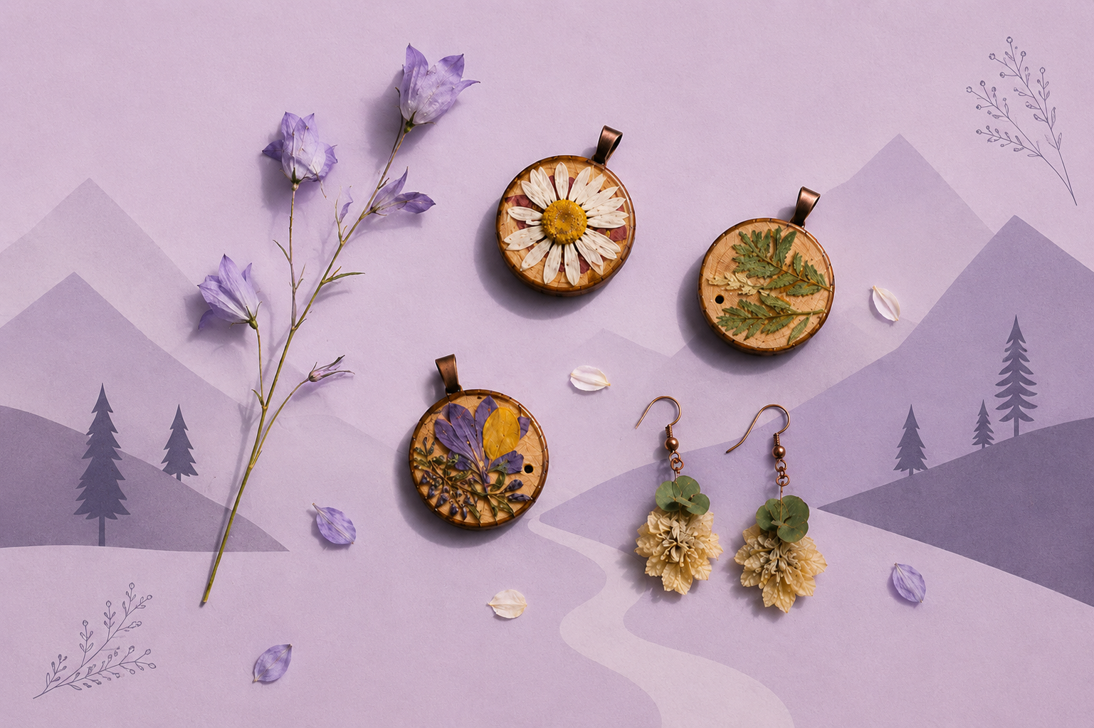 Collection de bijoux botaniques Alpina avec fleurs alpines pressées, faits main dans les Hautes-Alpes