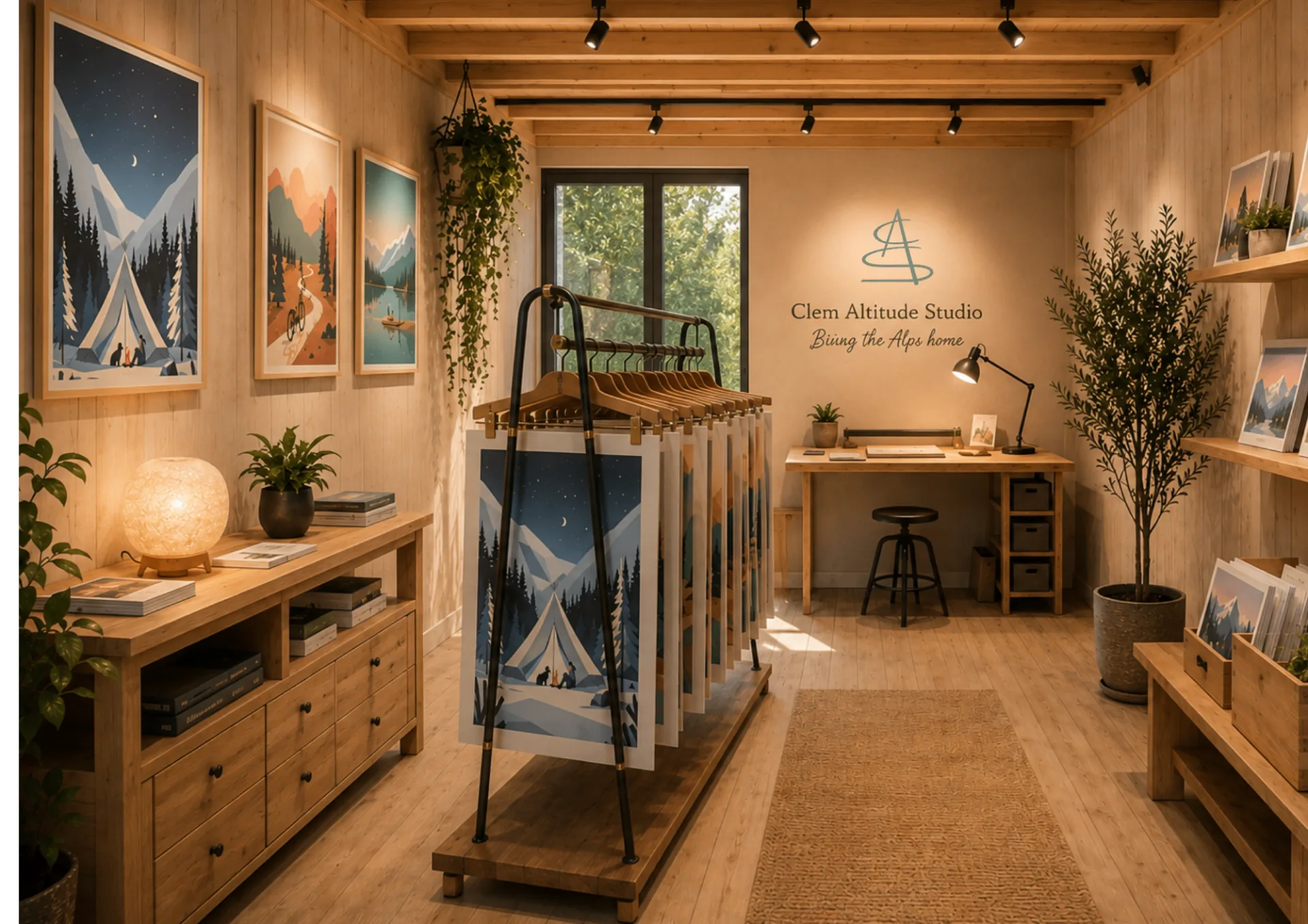 Intérieur de l'atelier Clem Altitude Studio — illustrations alpines, affiches et espace de création