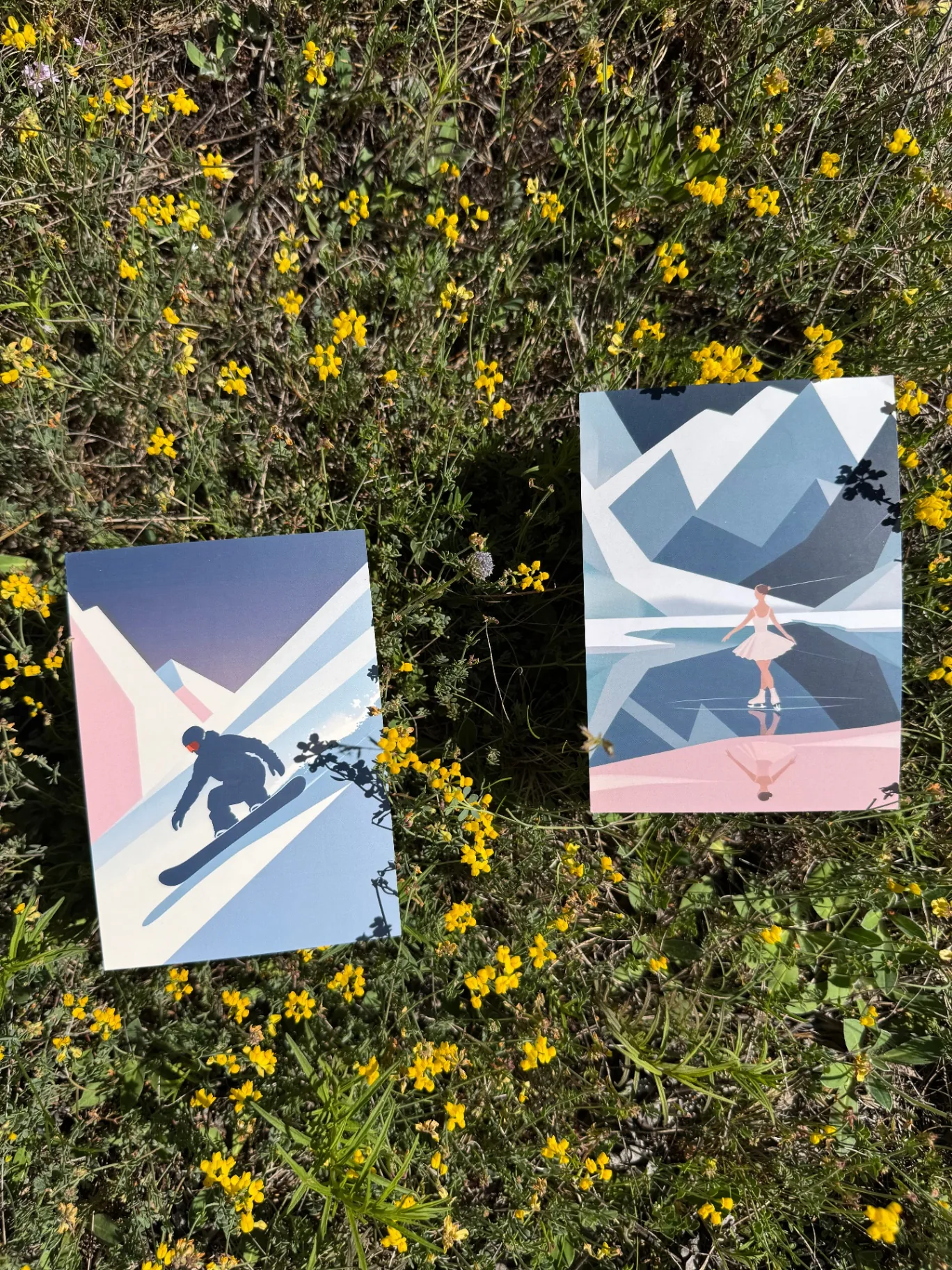 Affiches d'illustration alpine contemporaine parmi des fleurs sauvages de montagne — art outdoor des Alpes françaises